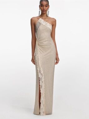 Self-Portrait Champagne Rhinestone Lace Trim Maxi Dress